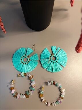 Source Unknown Turquoise Raffia Fan Hoop and Pastel Gemstone Hoop Set